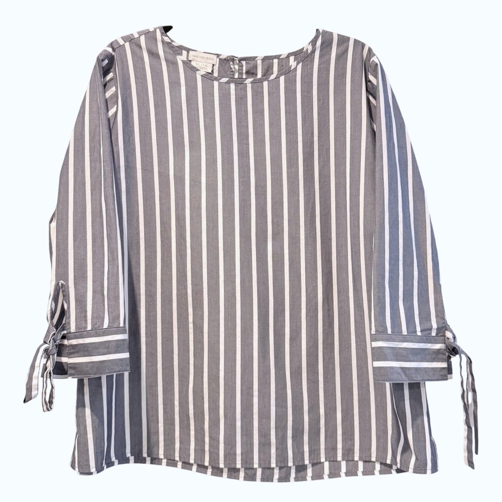 Van Heusen Gray White Striped Long Sleeve Tie Cuff Blouse Top Womens XL